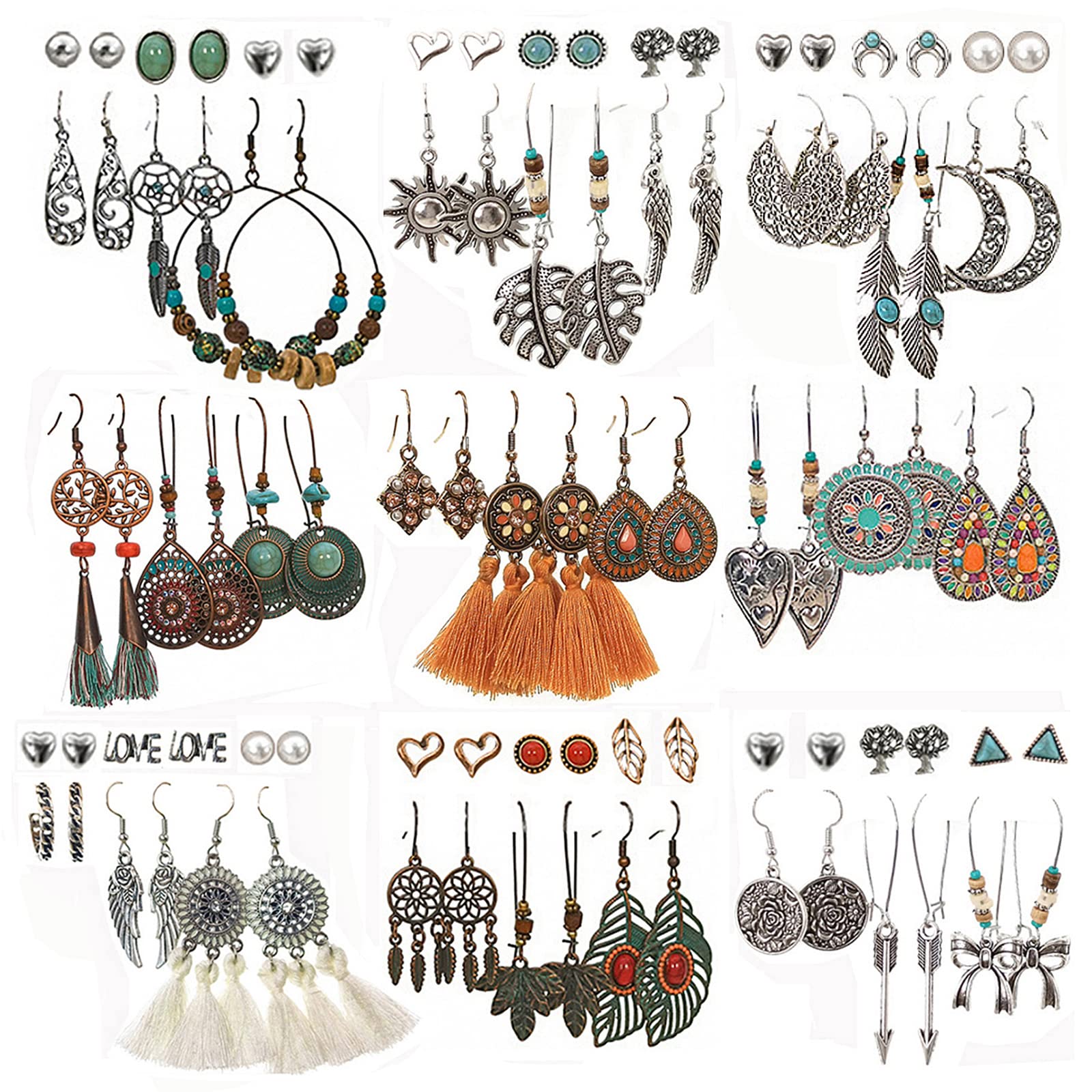 JMScape 45 Pairs Bohemian Vintage Drop Dangle Earrings Set for Women, Fashion Boho Earrings National Style Tassel Eardrop Hollow Bronze Waterdrop Leaf Jewelry for Valentine's Day Gifts