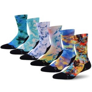 HUSO Cycling Socks for Men Women Mens Summer Lightweight Biking Hiking Socks Funny Colorful Tie Dye Seamless Sports Crew Socks 6 Pairs (Multicolor, L/XL)