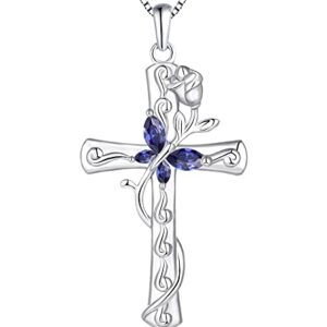 YL Butterfly Cross Necklace Sterling Silver Cubic Zirconia Rose Pendant Created Tanzanite Crucifix Jewelry for Women