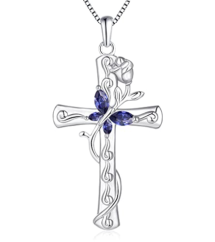 YL Butterfly Cross Necklace Sterling Silver Cubic Zirconia Rose Pendant Created Tanzanite Crucifix Jewelry for Women