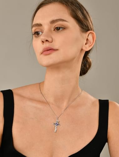 YL Butterfly Cross Necklace Sterling Silver Cubic Zirconia Rose Pendant Created Tanzanite Crucifix Jewelry for Women