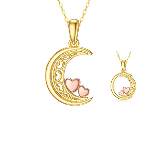 14K Gold Moon Hearts Necklace for Women, Rotating Moon Design, Real Gold Love Heart Moon Pendant Jewelry Mothers for Her, Wife, Mom 18 Inch