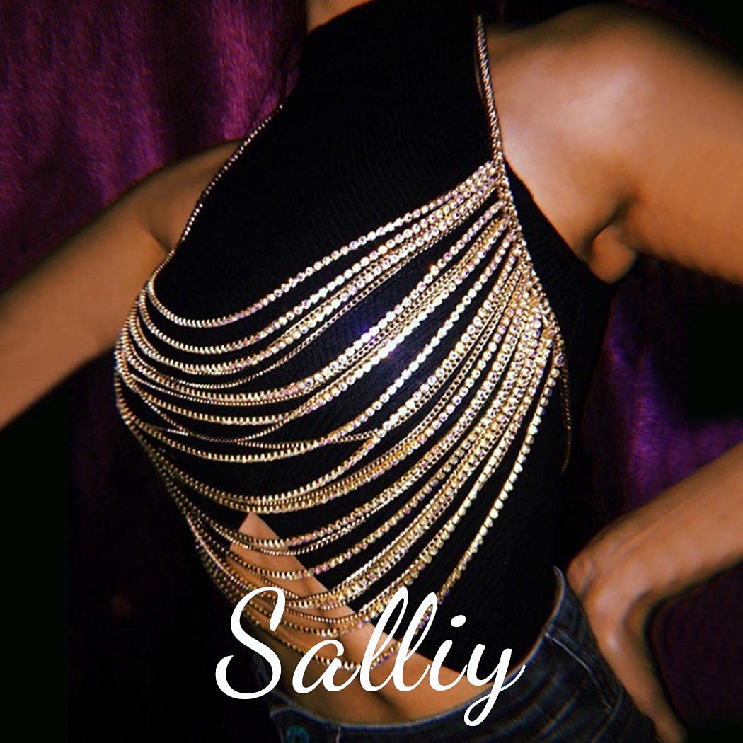 Salliy Boho Body Chain Bra Gold Sexy Rhinestone Bikini Bra Body Halter Backless Sequins Chain Bra Beach Body Accessories Jewelry for Women and Girls (Gold Bra)