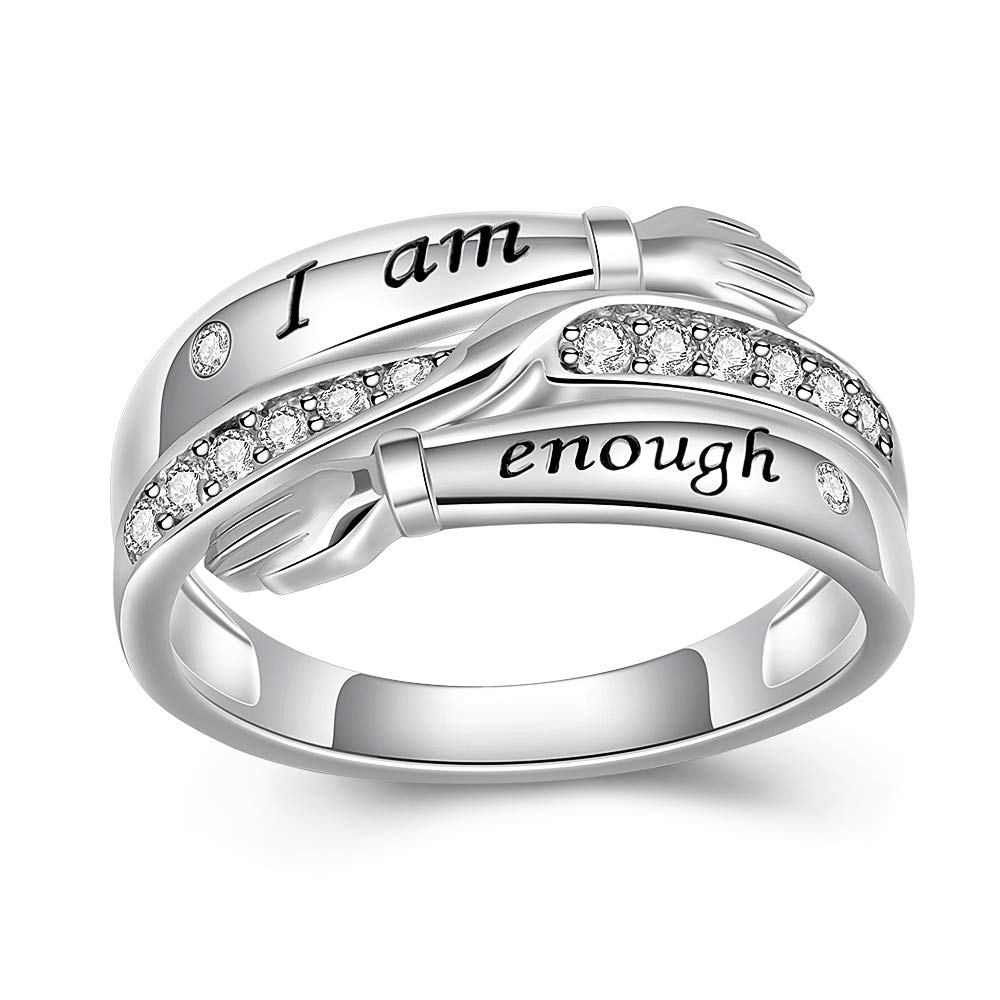 Sterling Silver i Am Enough Hug Ring Matching Engagement Promise for Women Best Friend Crystal Cubic Zirconia Cute Dainty Fidget For Anxiety Love Size 10 Rings