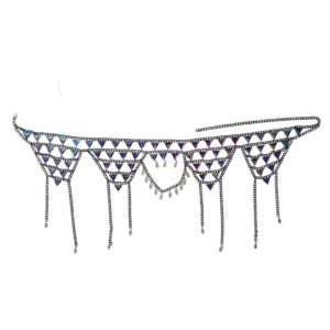 Salliy Boho Rhinestone Bikini Chain Set Silver Sexy Sequins Mesh Body Chains Summer Bra Body Jewelry for Women and Girls (F)