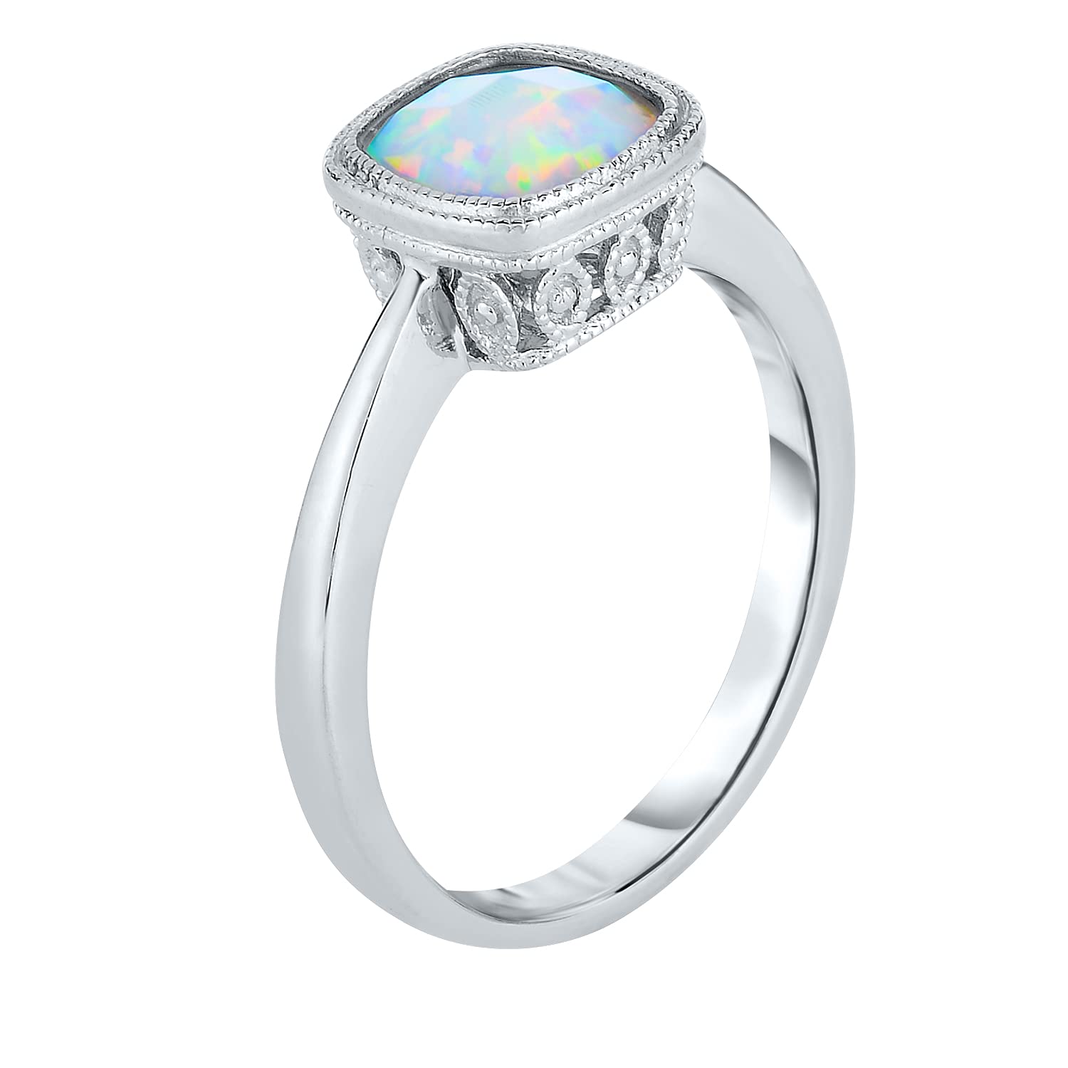 ORO LEONI 925 Sterling Silver Lab Created Opal 7mm Cushion Ring, Size 7