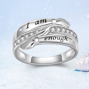 Sterling Silver i Am Enough Hug Ring Matching Engagement Promise for Women Best Friend Crystal Cubic Zirconia Cute Dainty Fidget For Anxiety Love Size 10 Rings