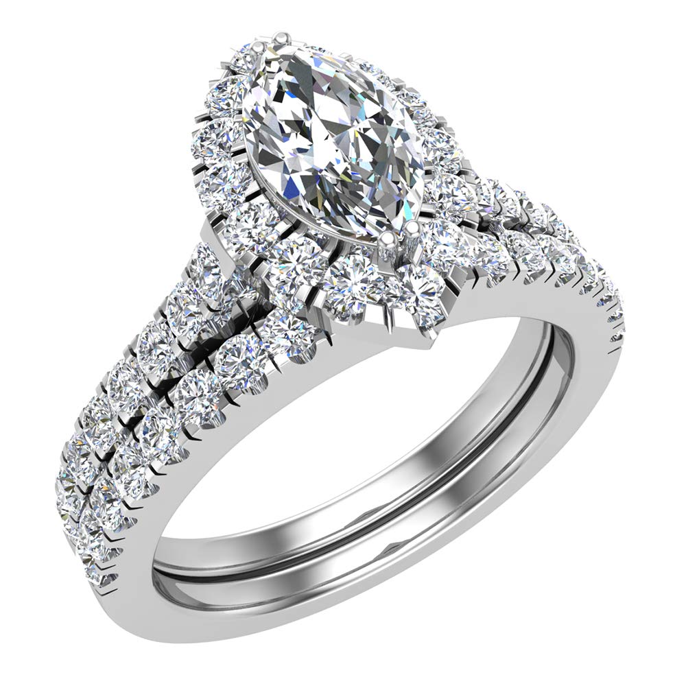 Glitz Design Marquise Cut Halo Diamond Wedding Ring Set 1.25 Carat Total 14K White Gold (RS 10)