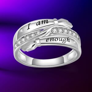 Sterling Silver i Am Enough Hug Ring Matching Engagement Promise for Women Best Friend Crystal Cubic Zirconia Cute Dainty Fidget For Anxiety Love Size 10 Rings