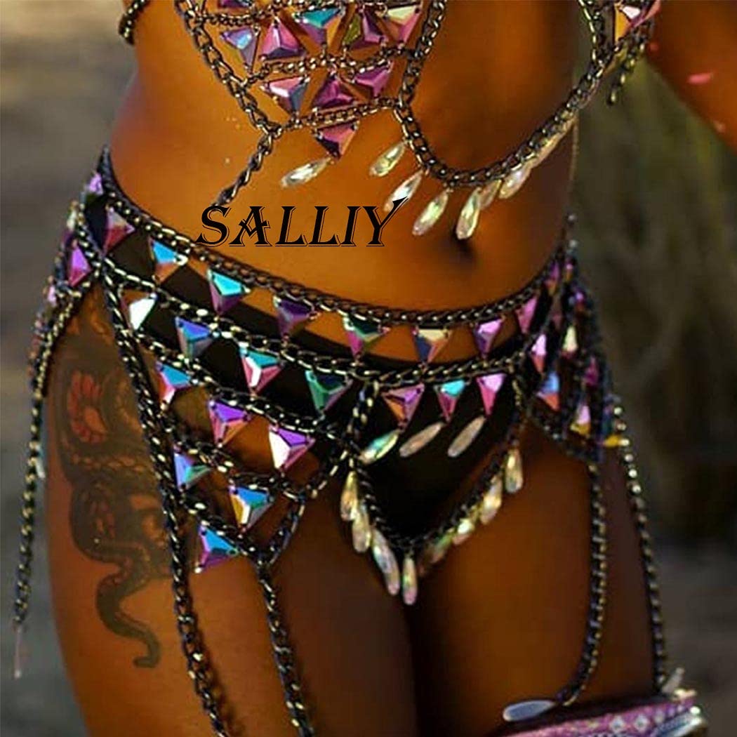 Salliy Boho Rhinestone Bikini Chain Set Silver Sexy Sequins Mesh Body Chains Summer Bra Body Jewelry for Women and Girls (F)