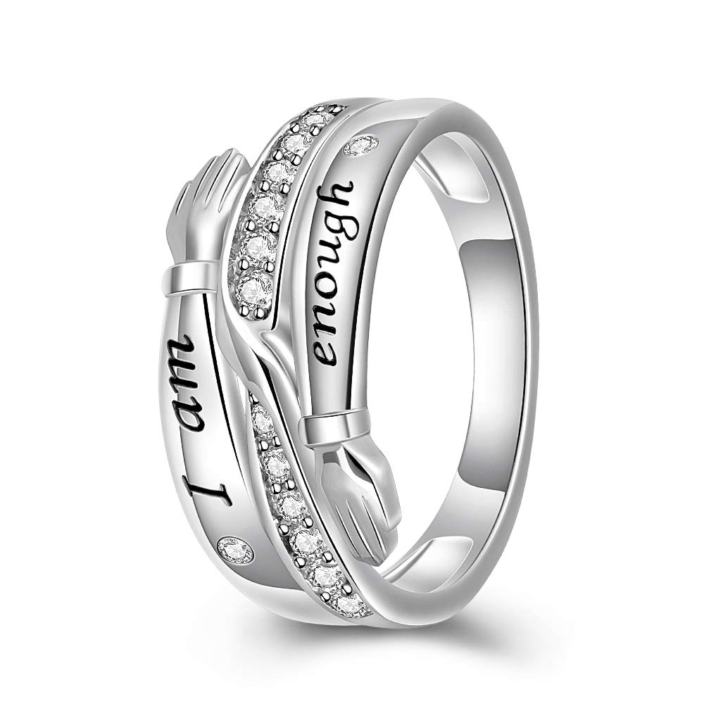 Sterling Silver i Am Enough Hug Ring Matching Engagement Promise for Women Best Friend Crystal Cubic Zirconia Cute Dainty Fidget For Anxiety Love Size 10 Rings