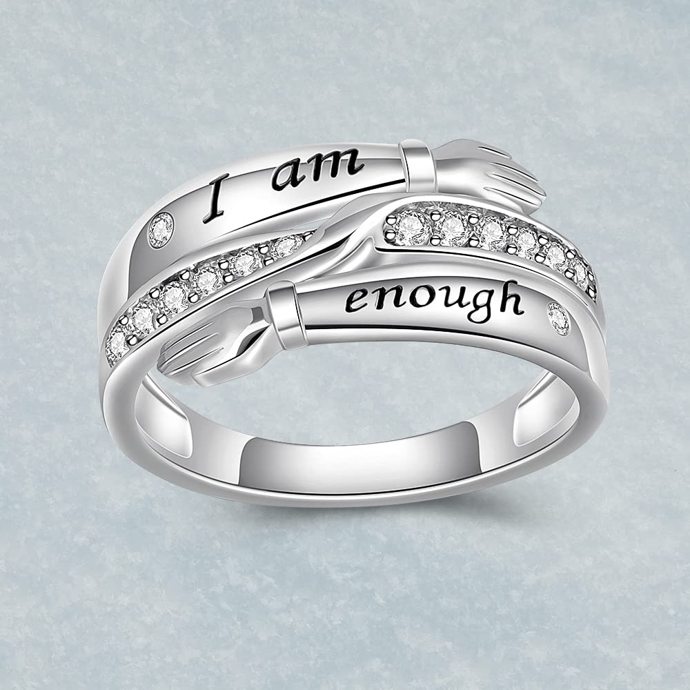 Sterling Silver i Am Enough Hug Ring Matching Engagement Promise for Women Best Friend Crystal Cubic Zirconia Cute Dainty Fidget For Anxiety Love Size 10 Rings