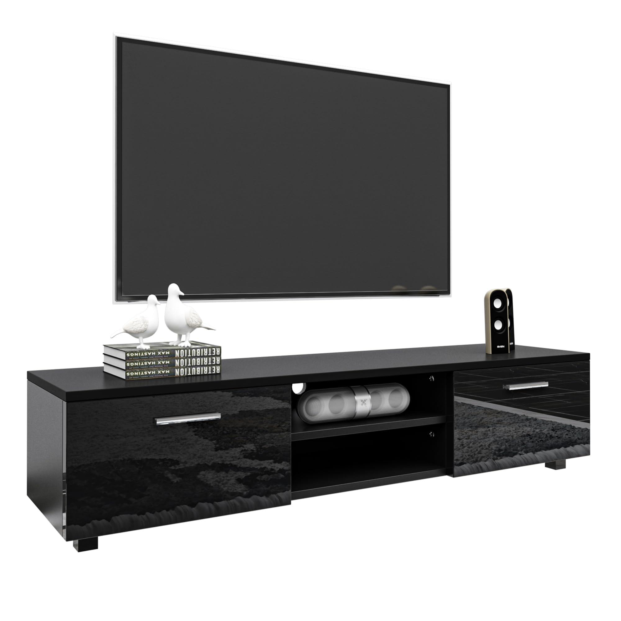 WERSMT Wood TV Stand, Modern 55 60 65 70 inch TV Stand, Entertainment Center with Storage, High Gloss TV Cabinet for Living Room, Black