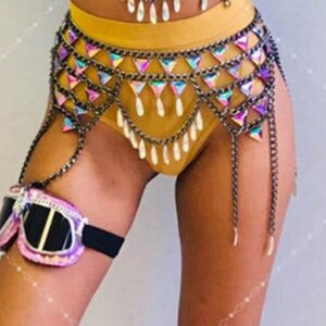 Salliy Boho Rhinestone Bikini Chain Set Silver Sexy Sequins Mesh Body Chains Summer Bra Body Jewelry for Women and Girls (F)