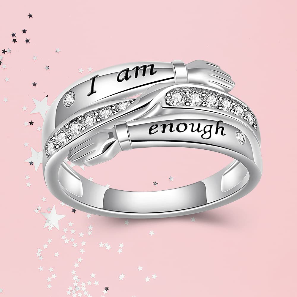 Sterling Silver i Am Enough Hug Ring Matching Engagement Promise for Women Best Friend Crystal Cubic Zirconia Cute Dainty Fidget For Anxiety Love Size 10 Rings