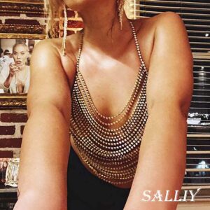 Salliy Boho Body Chain Bra Gold Sexy Rhinestone Bikini Bra Body Halter Backless Sequins Chain Bra Beach Body Accessories Jewelry for Women and Girls (Gold Bra)