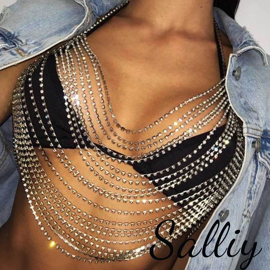 Salliy Boho Body Chain Bra Gold Sexy Rhinestone Bikini Bra Body Halter Backless Sequins Chain Bra Beach Body Accessories Jewelry for Women and Girls (Gold Bra)