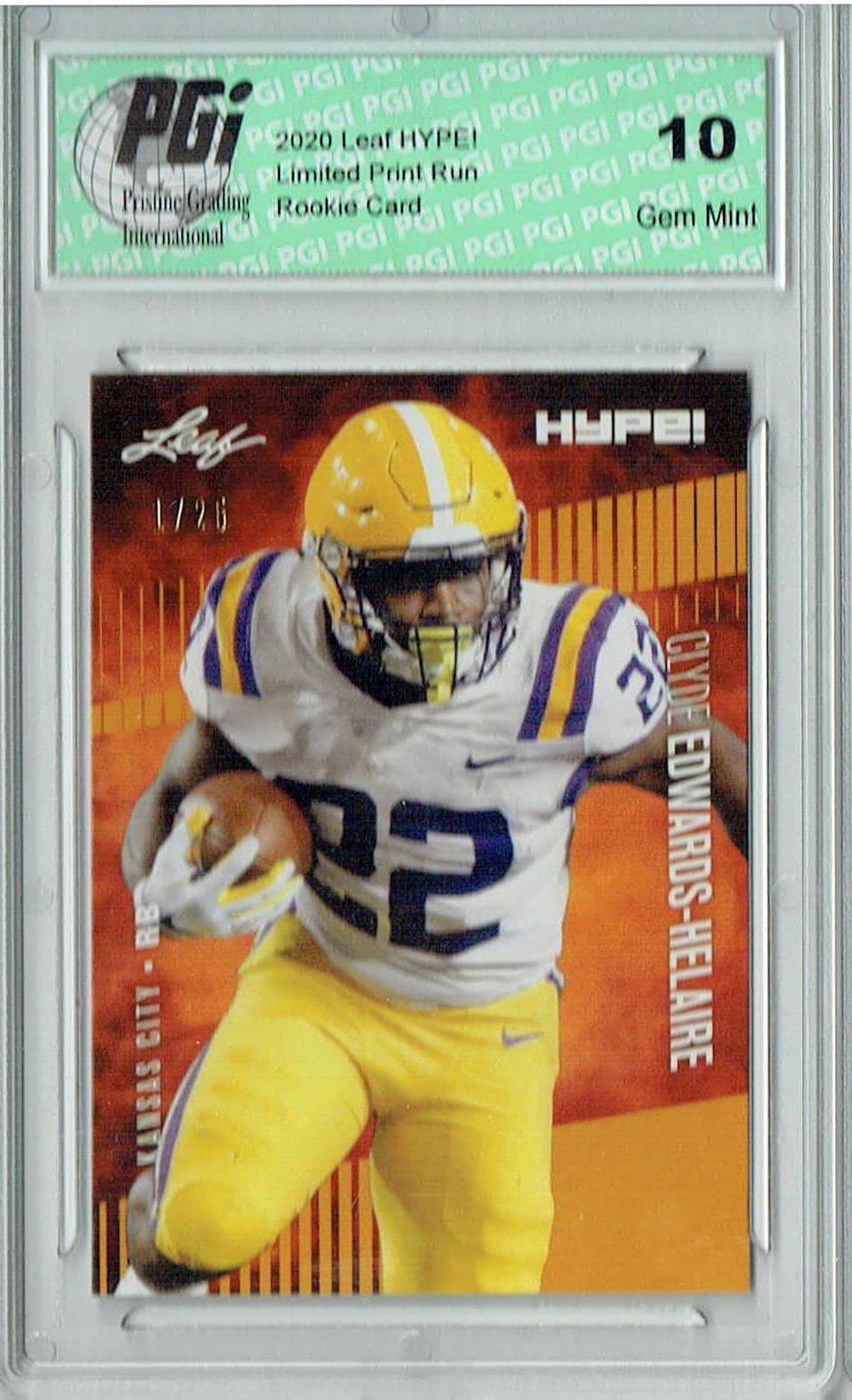 Clyde Edwards-Helaire 2020 Leaf HYPE! #36 Gold, The 1 of 25 Rookie Card PGI 10