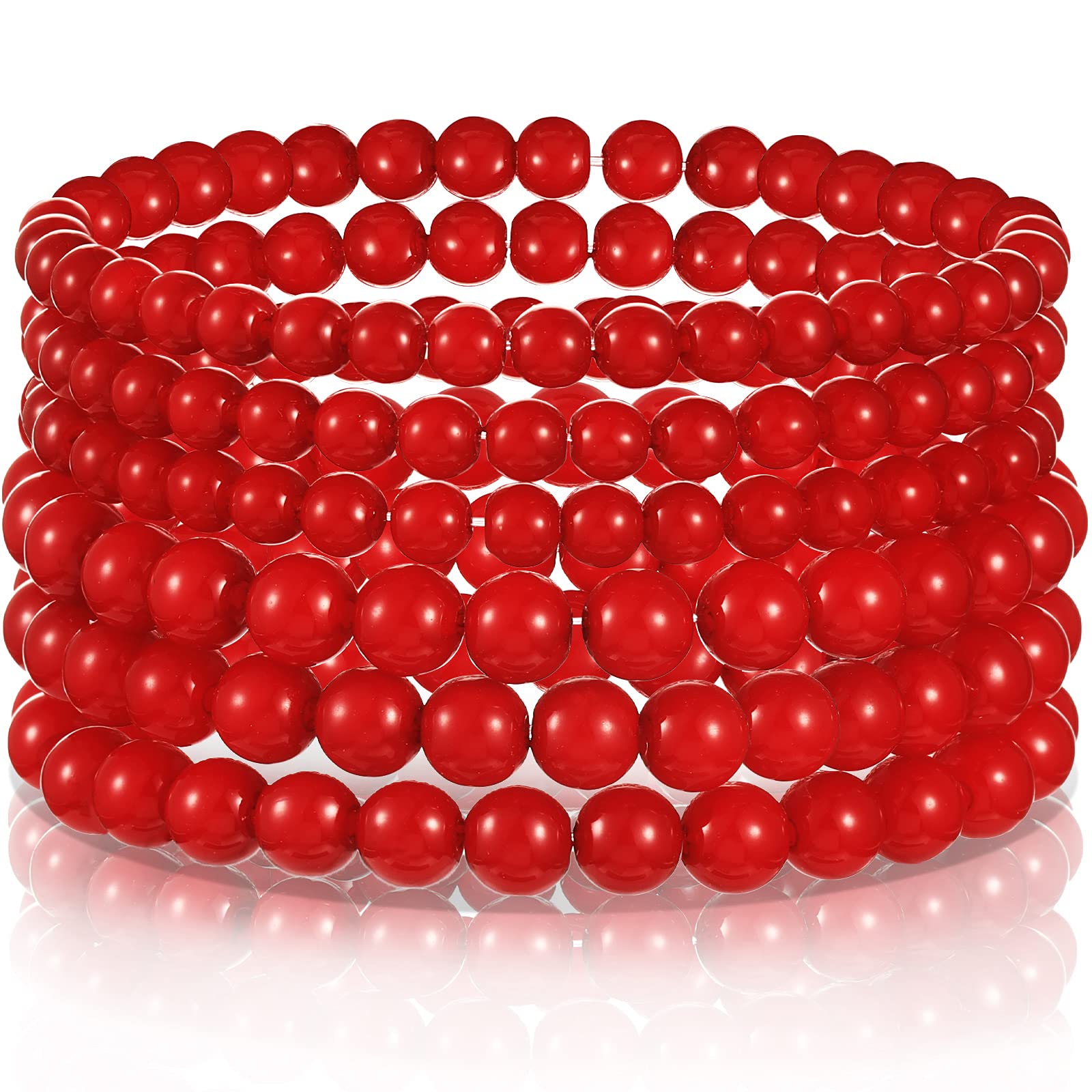 Hicarer 6 Pieces Faux Pearl Bracelet Set Stretch Bracelets Bridal Dancing Party Jewelry for Women(Red)