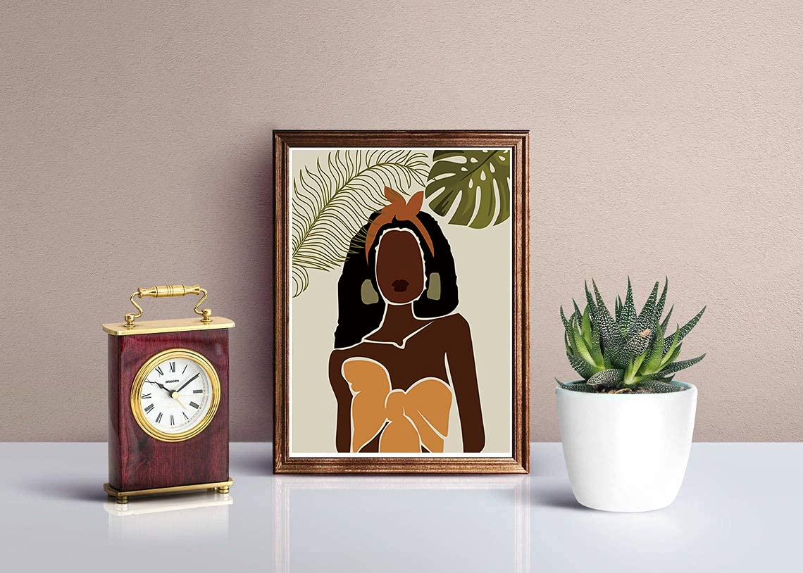 Modern Minimalist Black Woman Leaf Art Painting African American Women Art Painting Black Girl Wall Art Fashion Pop Boho Queen Girl Room Poster Painting Female Bathroom Bedroom Dressing Room Wall Home