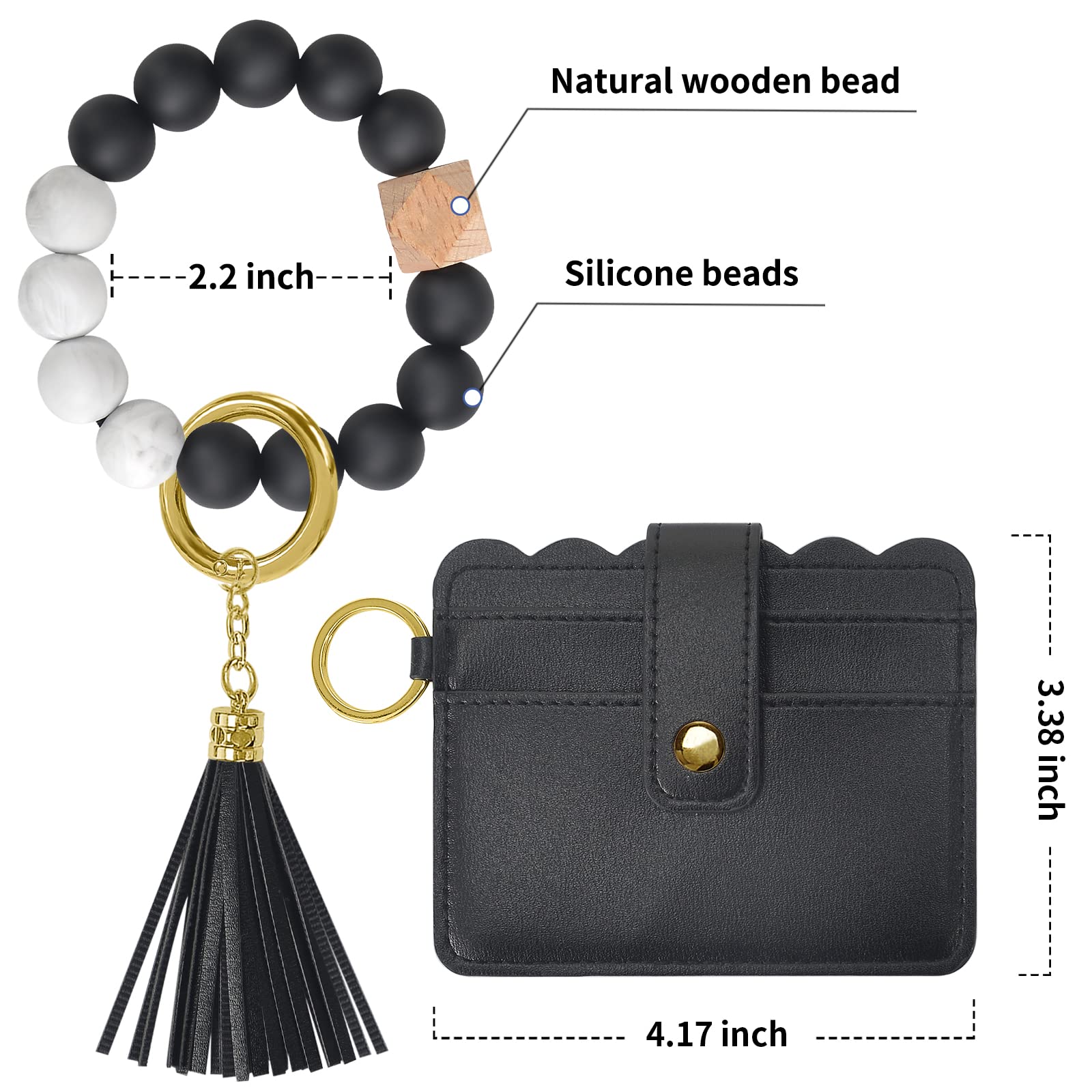 YUOROS Keychain Wallet, Silicone Beads Key Ring Chain Wristlet with Card Holder Tassel for Women (Black)