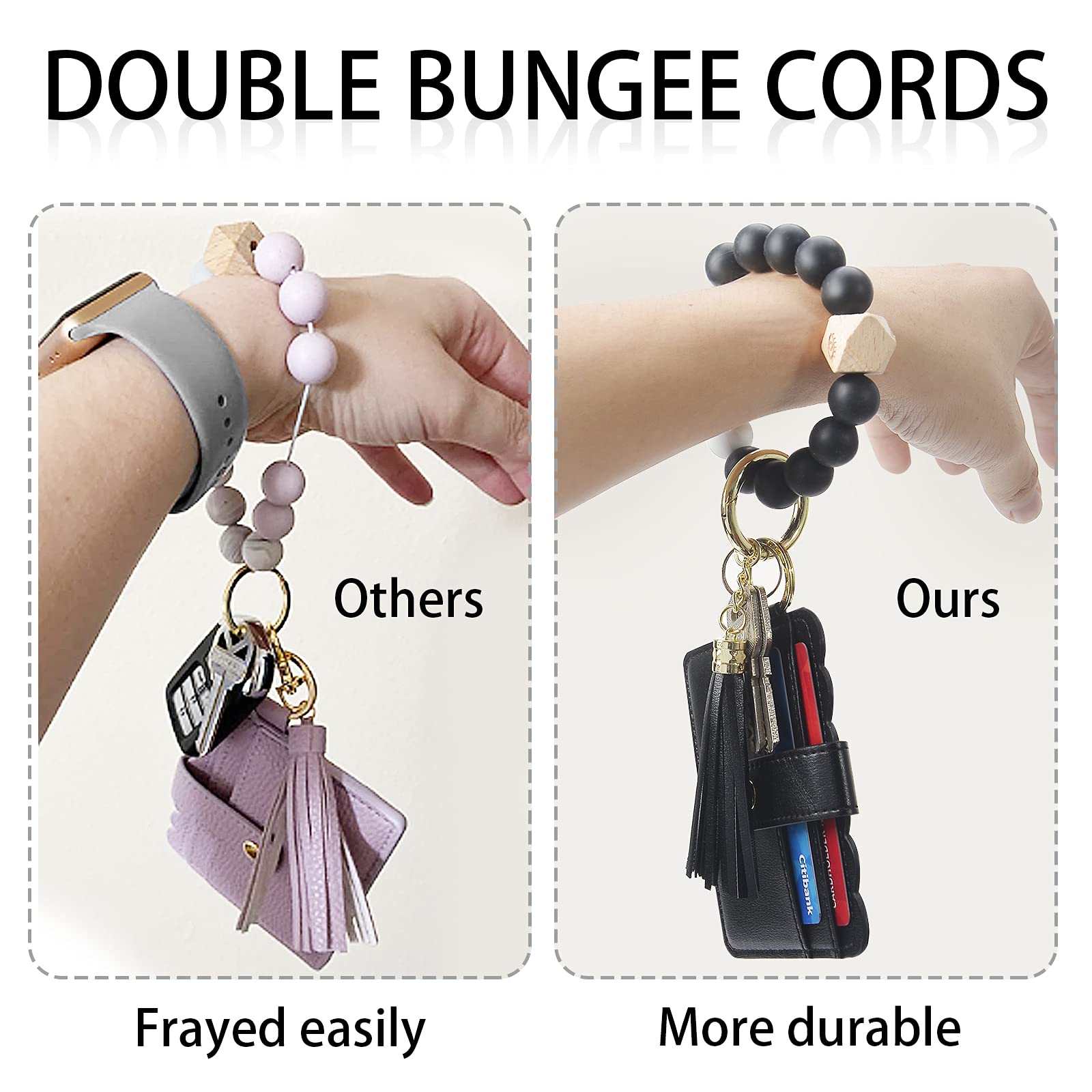 YUOROS Keychain Wallet, Silicone Beads Key Ring Chain Wristlet with Card Holder Tassel for Women (Black)