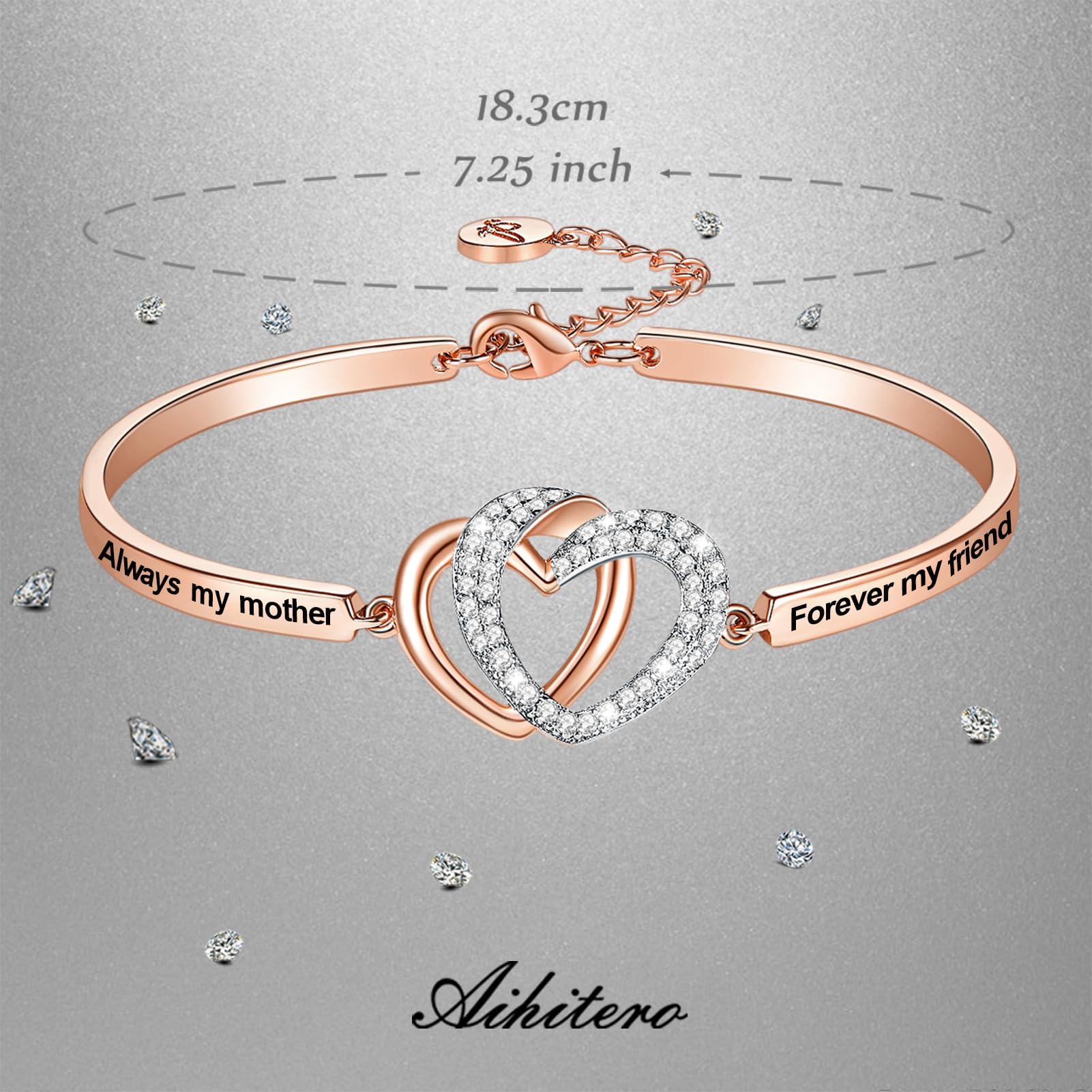 Aihitero Christmas Mom Gift, Engraved ‘Always My Mother Forever My Friend’ Interlocking Hearts Bangle Bracelet, Rose Gold Women Jewelry, Mama Mum Birthday Valentines Xmas Presents from Son Daughter