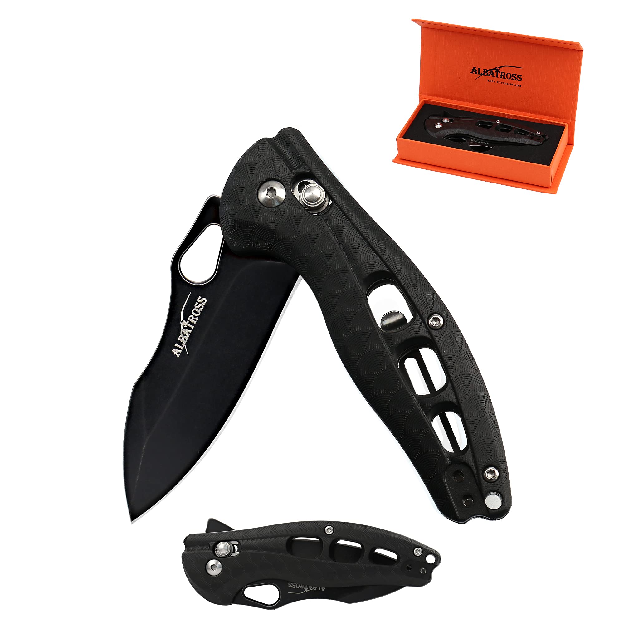 ALBATROSS Fliper Opening Camping Hunting Folding Pocket Knife with Axis Lock, Black Coated Stainless Steel Blade, Black FRN Handle, Gifts for Family and Friends, 7.2-Inch