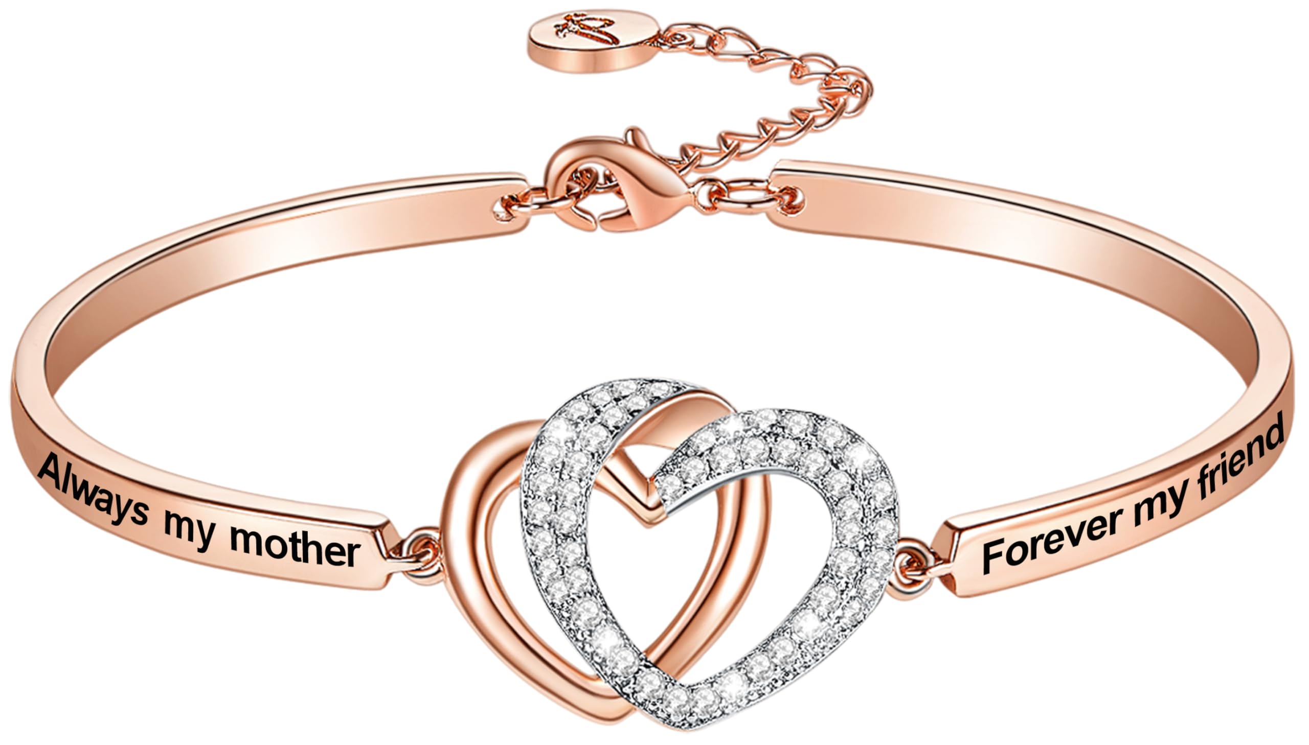 Aihitero Christmas Mom Gift, Engraved ‘Always My Mother Forever My Friend’ Interlocking Hearts Bangle Bracelet, Rose Gold Women Jewelry, Mama Mum Birthday Valentines Xmas Presents from Son Daughter