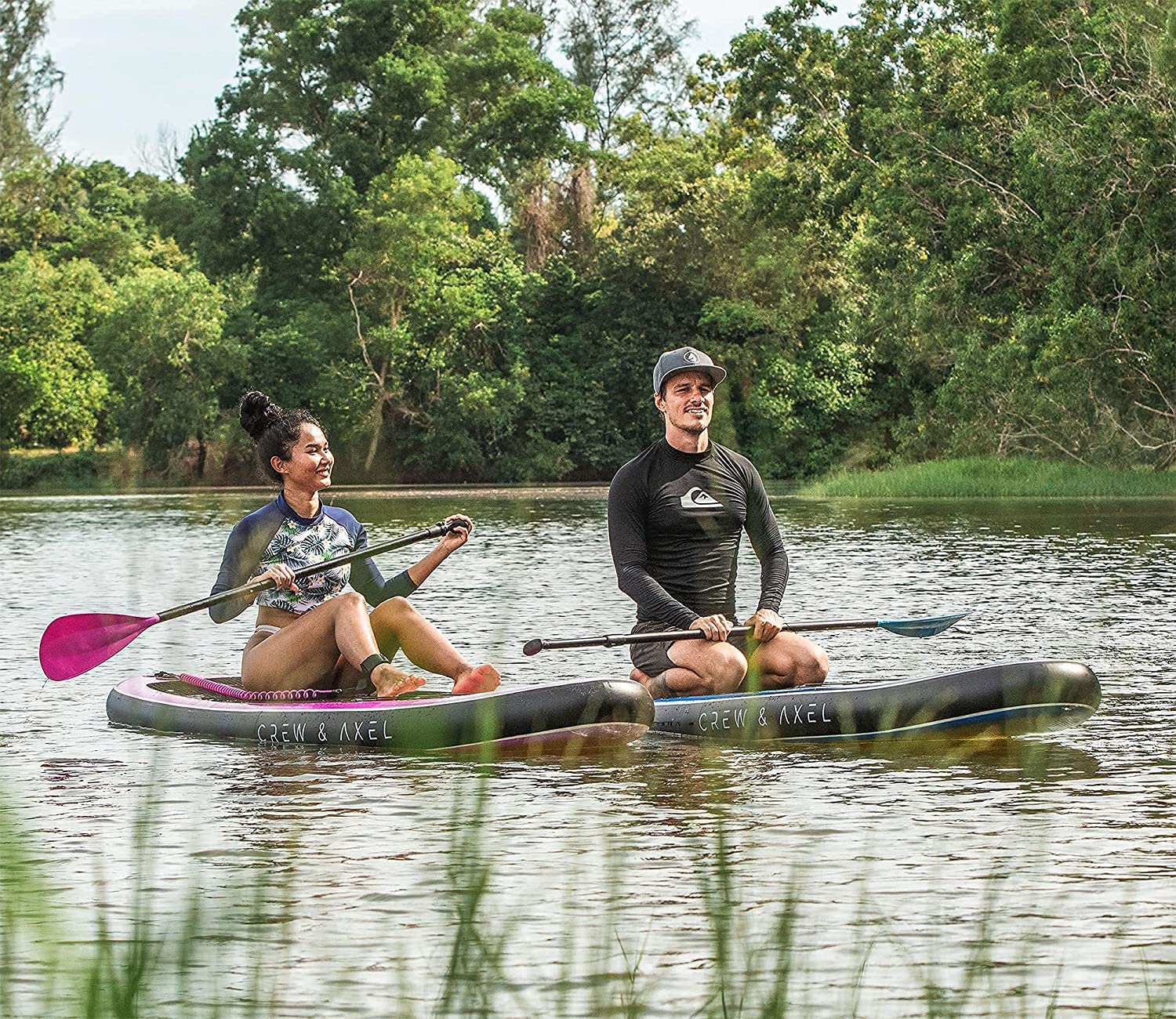 Inflatable Paddle Board SUP by Crew & Axel - 10FT 33" Wide (6.2” Thick) Stand up Paddleboard Set W/Backpack, 3 Fins, Floating Paddle, Light Weight (17lb), Drybag, Camera Mount, Rings Seat Blue