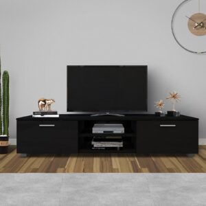 WERSMT Wood TV Stand, Modern 55 60 65 70 inch TV Stand, Entertainment Center with Storage, High Gloss TV Cabinet for Living Room, Black