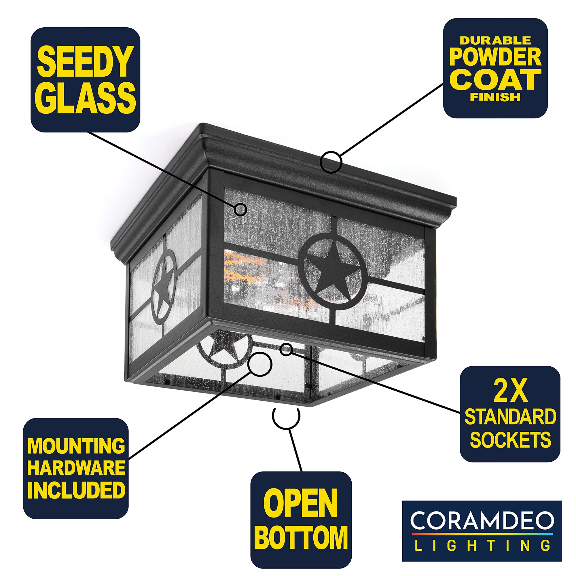 CORAMDEO Country Star Square 2 Light Ceiling Mount Farmhouse Fixture, Indoor or Outdoor, Two Standard Sockets, Open Bottom, Damp Location, Black Powder Coat Finish with Seedy Glass