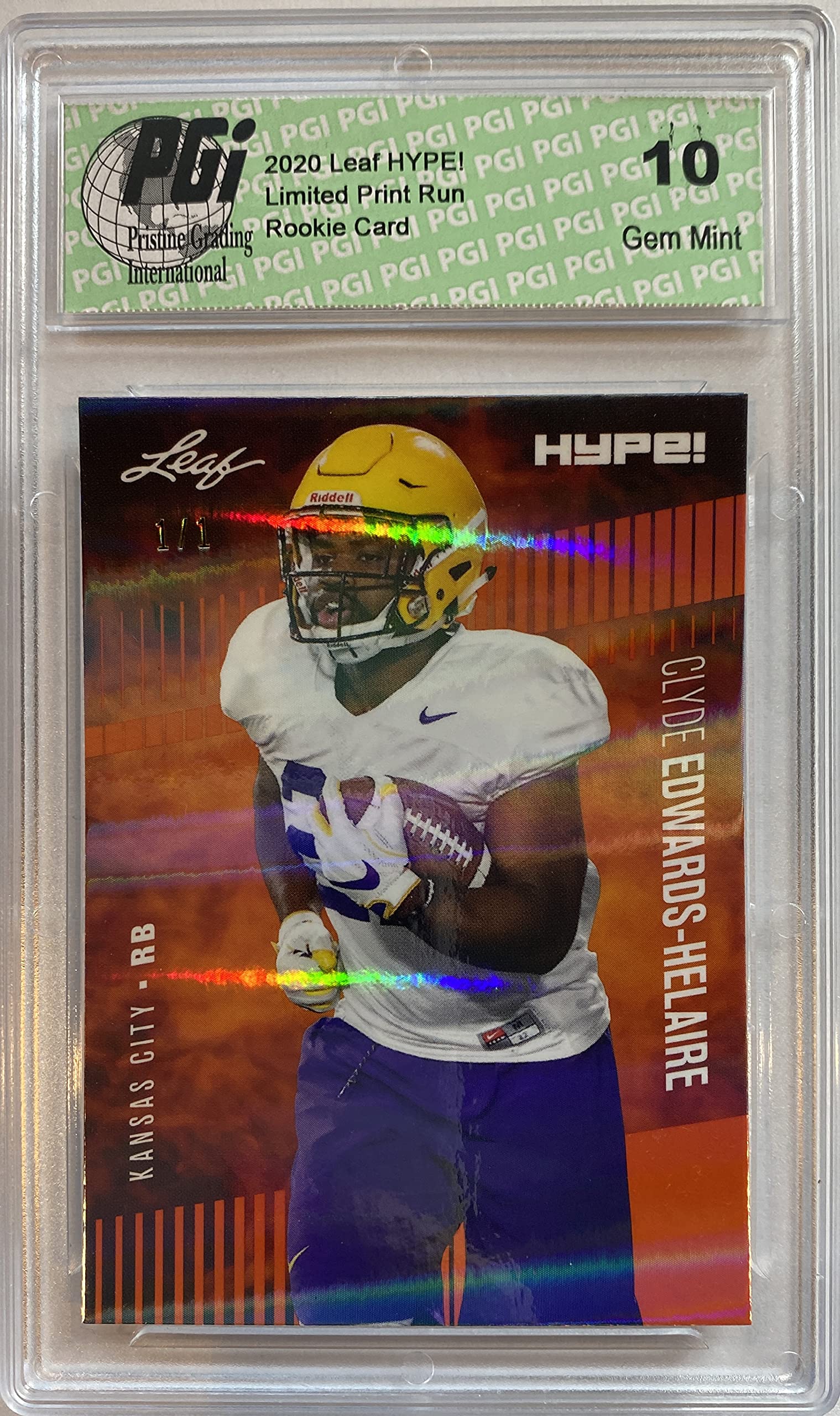 Clyde Edwards-Helaire 2020 Leaf HYPE! #36A Orange Shimmer 1/1 Rookie Card PGI 10