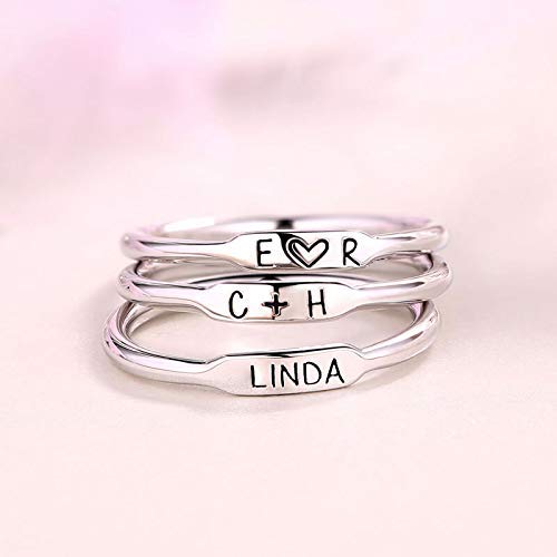 YCHZX Personalized Initial Stackable Bar Name Rings Set Engraved Family 1-6 Names Ring Sterling Silver 925/ Brass Rings for Women Men (Silver)