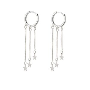 SLUYNZ 925 Sterling Silver Star Hoop Earrings for Women Star Dangle Earrings Hoop Tassel (A-Silver)