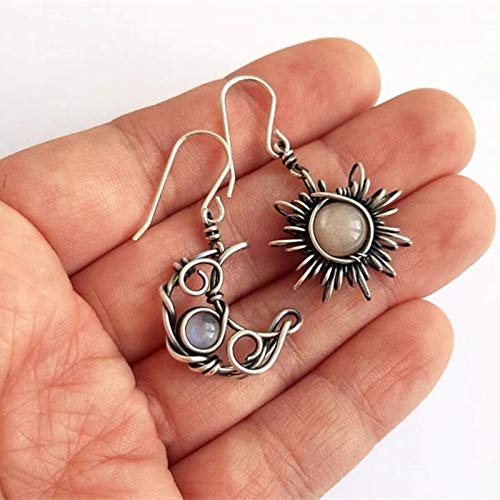 Retro Sun Moon Earrings & Necklace Moonstone Asymmetric Boho style Earrings for Women Jewelry-Earrings A