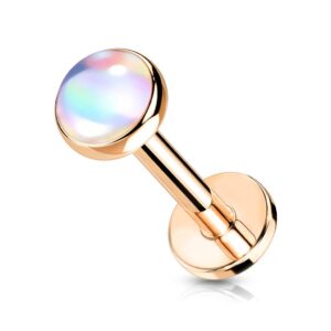 Amelia Fashion 16 Gauge Iridescent Stone Top on Internally Threaded 316L Surgical Steel Flat Back Studs for Labret, Monroe, Cartilage and More (Clear | L.516 inch (8mm) | Ball: 4mm), Clear,Rose Gold