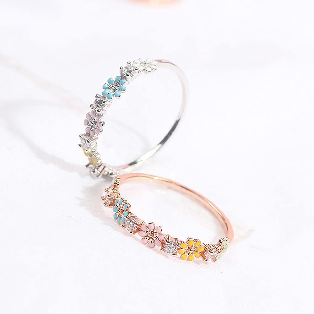 YOOESTORES82 Cute Colorful Daisy Ring for Women. Silver/Rose Gold Rhinestone Little Daisy Flowers Rings Sunflower Wedding Band Ring (Silver)