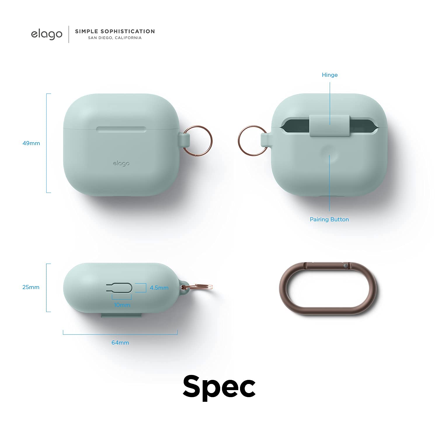 elago Silicone Case with Carabiner Compatible with AirPods 3 - Premium Silicone, Wireless Charging Available, Shockproof Protection (Mint Green)