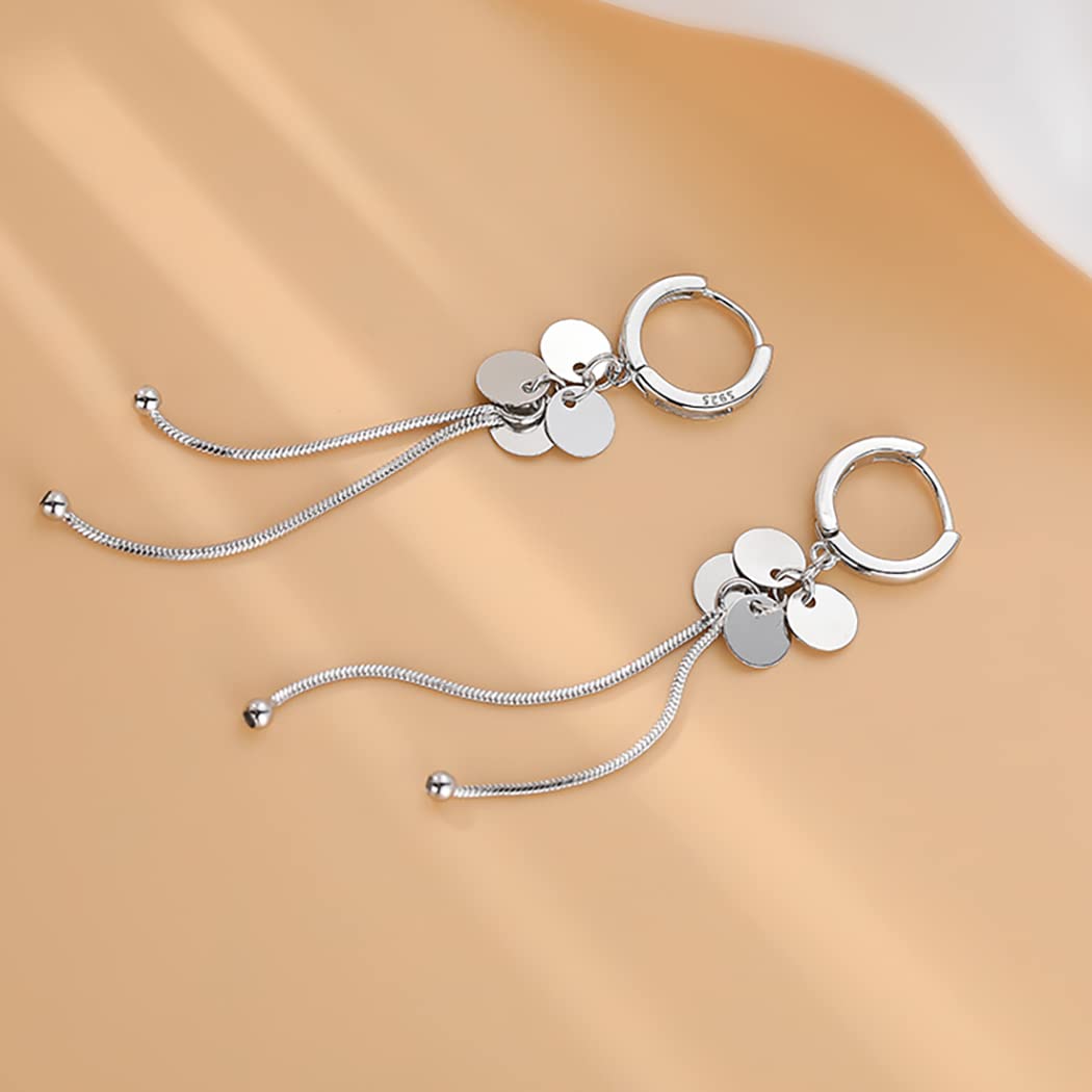 SLUYNZ 925 Sterling Silver Disc Dangle Earrings Hoop for Women Coin Hoop Earrings Tassel (A-Silver)