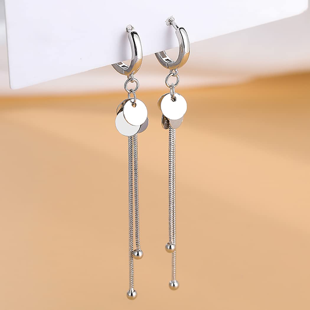 SLUYNZ 925 Sterling Silver Disc Dangle Earrings Hoop for Women Coin Hoop Earrings Tassel (A-Silver)