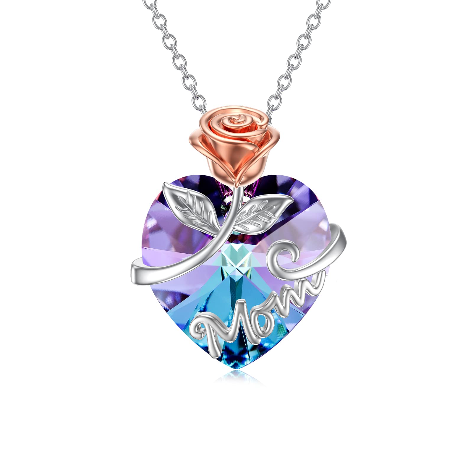 AOBOCO Mothers Day Rose Necklace Jewelry Gifts for Grandma Mom, Sterling Silver Pendant with Heart Purple Crystal