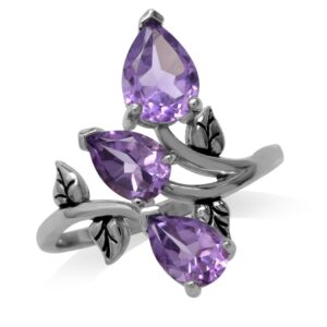 silvershake 2.33ct. 3 stone natural amethyst 925 sterling silver bypass leaf ring size 6.5