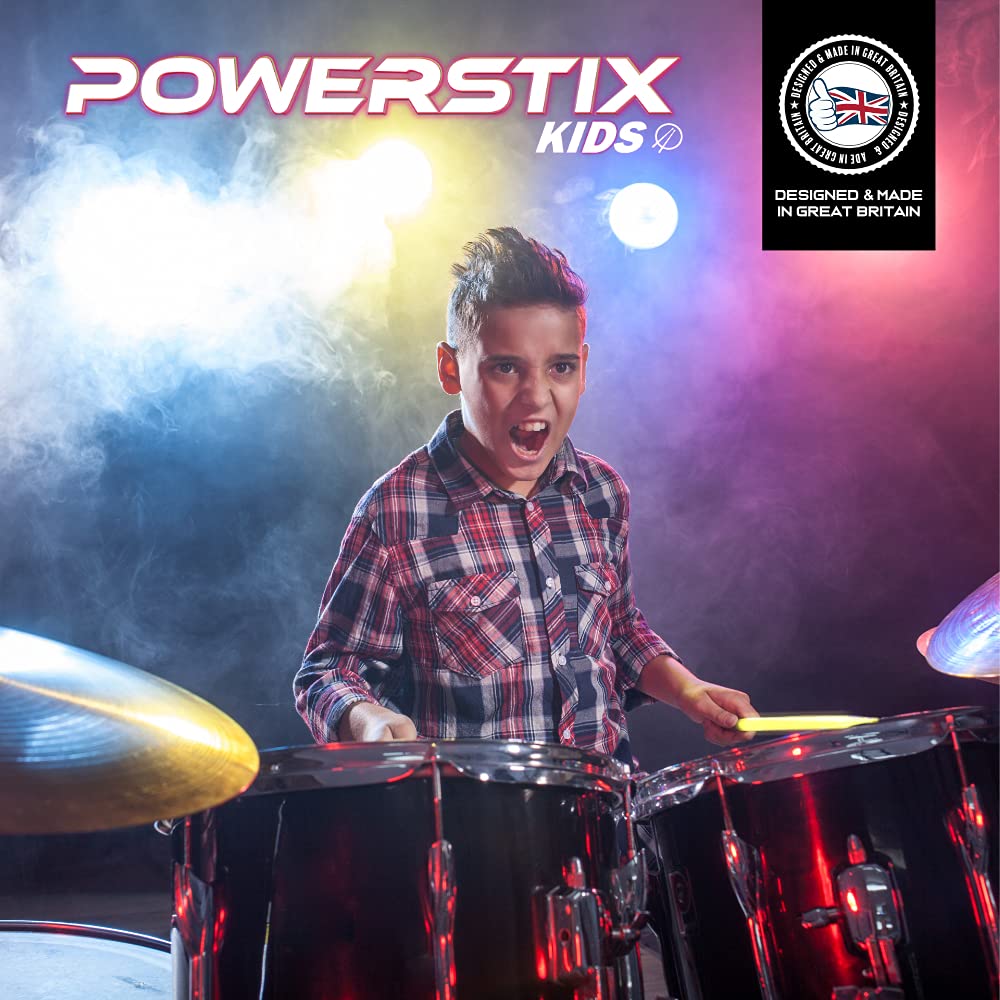 Powerstix colorful drumsticks for kids, Durable and light, specially designed for both electronic drums and acoustic drums for kids (SMALL STARS UV GREEN)