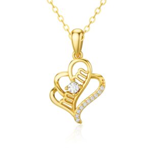 rikelus mothers day gift for mom,14k real gold mom heart necklace for women wife mom grandma,yellow gold i love you mom pendant necklace jewelry gift for mothers day 16+1+1 inch