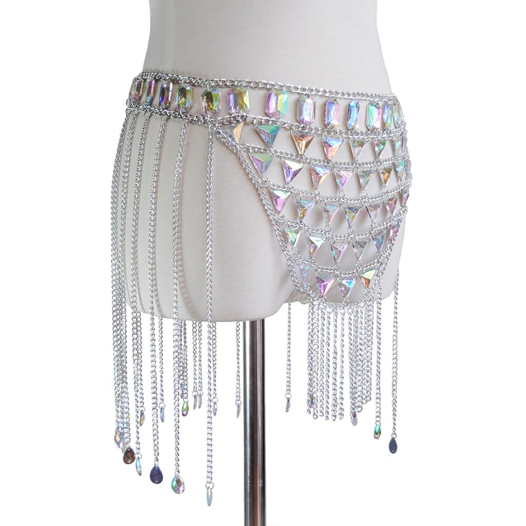 Salliy Rhinestone Waist Body Chains Skirt Silver Sexy Belly Chain Dress Summer Belly Belt Chain Jewelry Rave Festival Outfits for Women and Girls