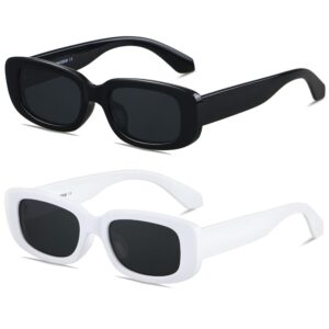 ANDWOOD Rectangle Sunglasses for Women Square Frames Trendy Retro Vintage 90s UV Protection Sun Glasses Small Face 2 Pack White Black