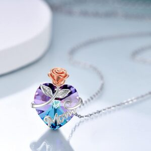 AOBOCO Mothers Day Rose Necklace Jewelry Gifts for Grandma Mom, Sterling Silver Pendant with Heart Purple Crystal