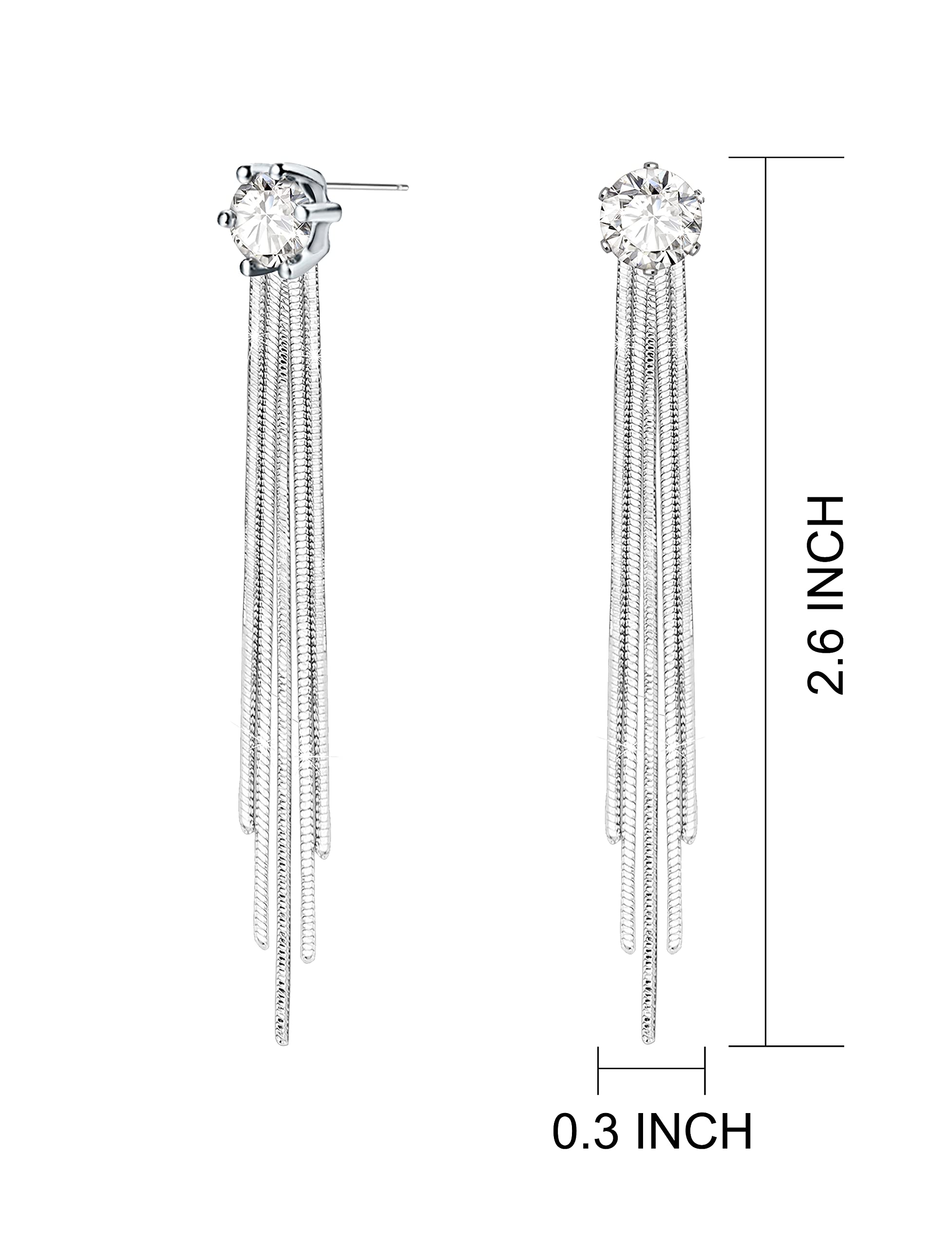 KristLand - S925 Silver/Alloy Hook Sleek Chain Tassel Drop Earrings Long Crystal Fringe Dangle Simple Dainty Earrings Tassel Earrings A Zircon Silver