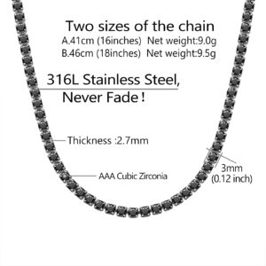 Richsteel Cubic Zirconia Tennis Chain for Men Women 18 Inch Black CZ Necklace Chain